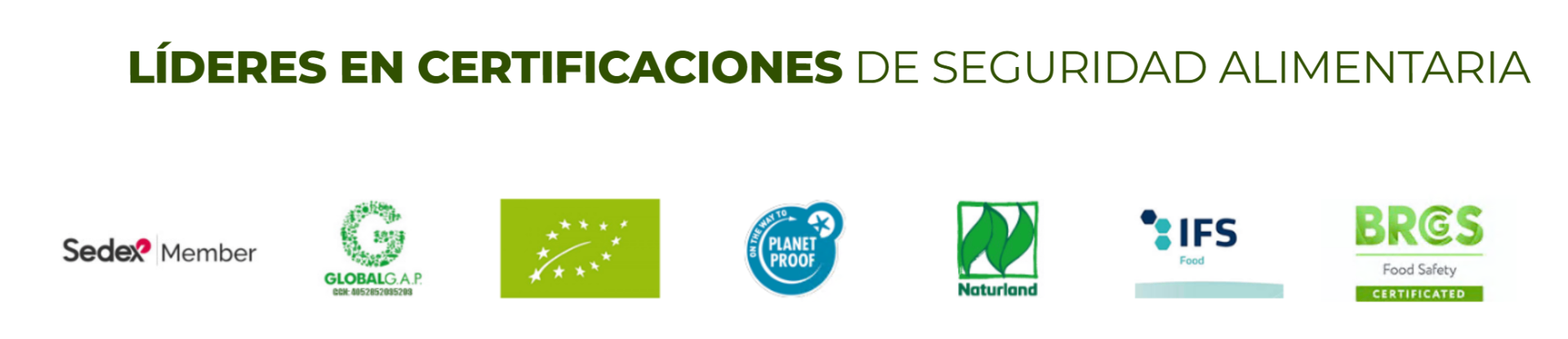 Sedex, GlobalG.A.P., Eurohoja UE, Planet Proof, Naturland, IFS Food, BRCGS Food Safety