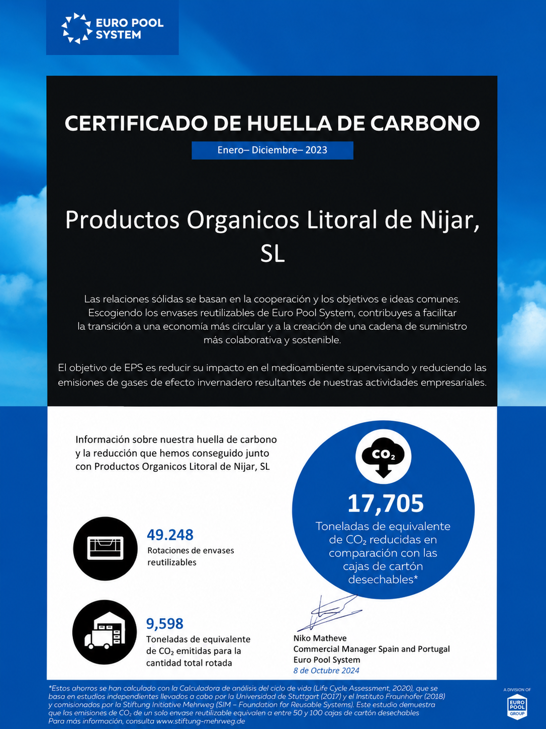 Certificado de huella de carbono Euro Pool System 2023